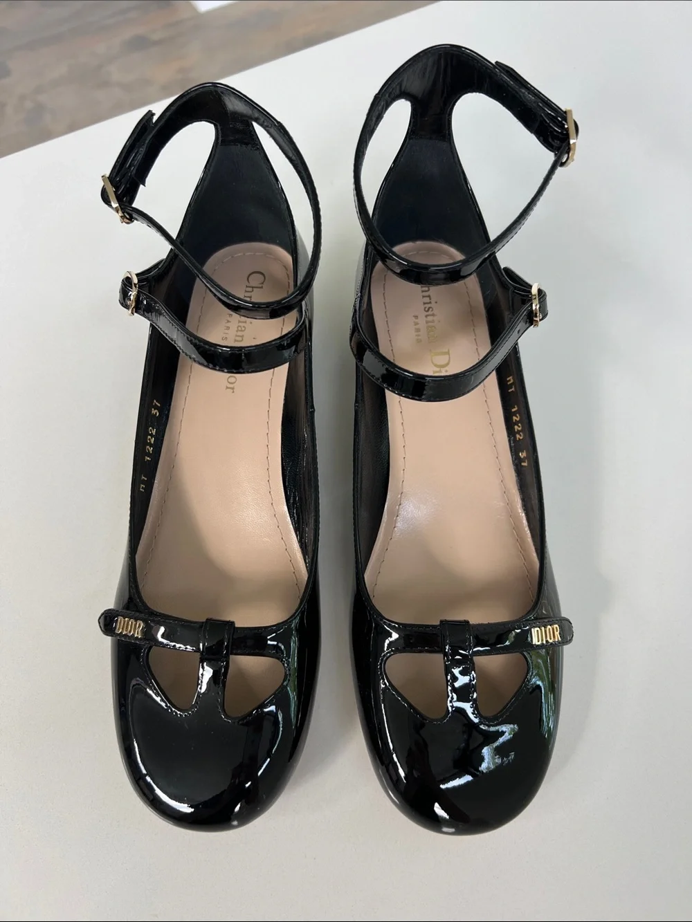 Christian Dior aime dior black patent leather ballet flats block heel 37